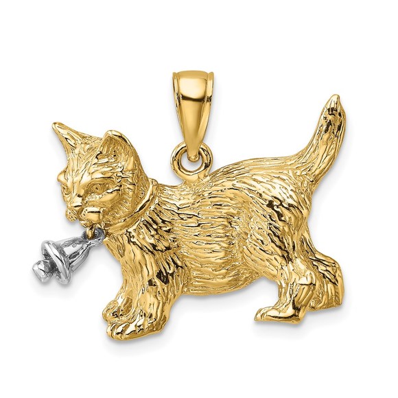 14kTwo-Tone Dangling Bell and Cat Necklace Charm Pendant